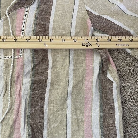 Ellen Tracy 100% Linen Tunic Large Striped Tan Pink White Tassel Lagenlook - Picture 8 of 8